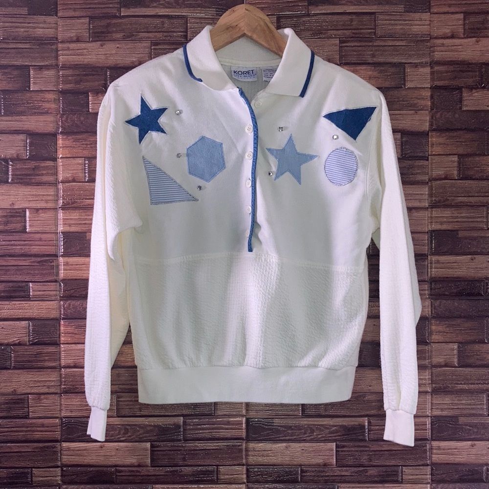 Vintage Womens Petite Koret City Blues Ivory & Blue Sweater